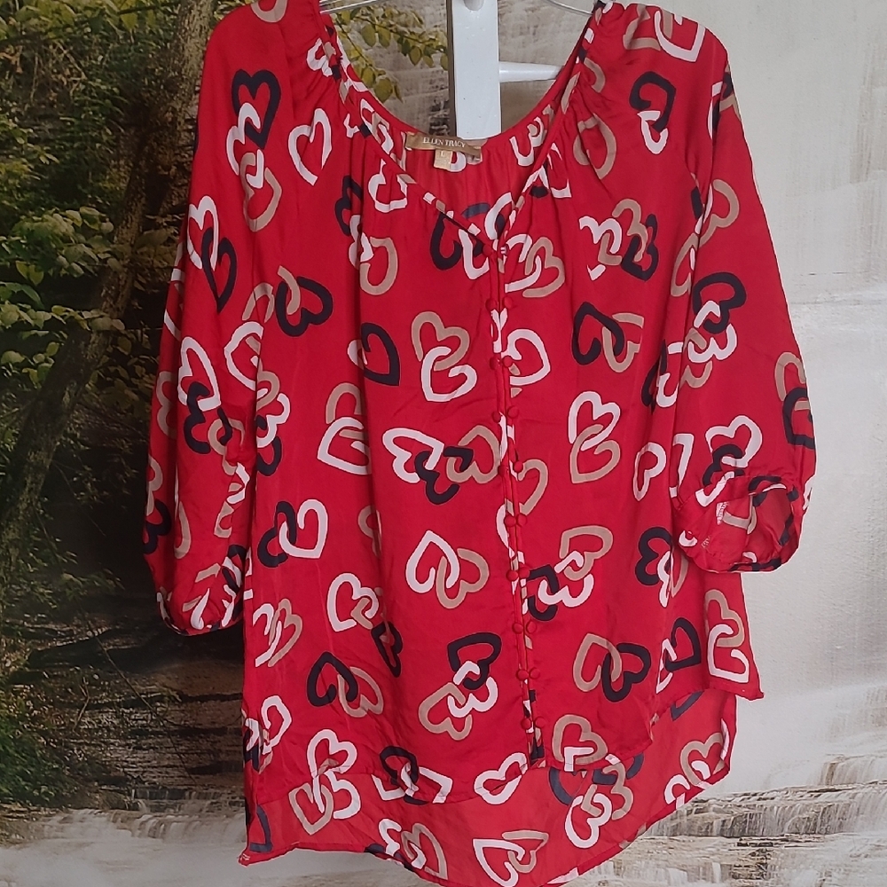 Ellen Tracy Womens Large Vibrant Red Heart Print Lightweight Blouse